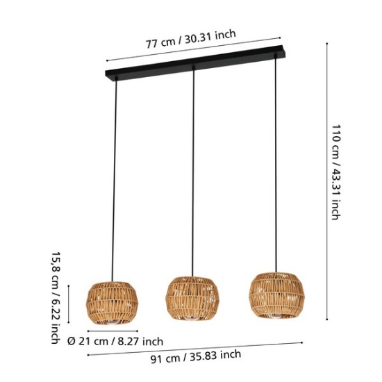 Eglo Sheldon fekete-natúr függesztett lámpa (EG-44144) E27 3 izzós IP20