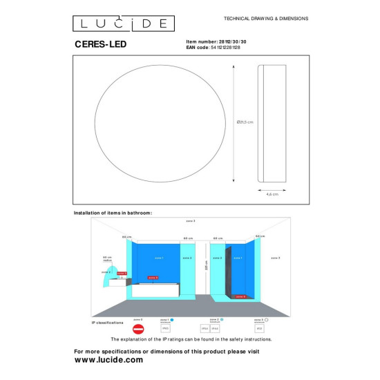 Lucide Ceres fekete-fehér LED fürdőszobai mennyezeti lámpa (LUC-28112/30/30) LED 1 izzós IP44