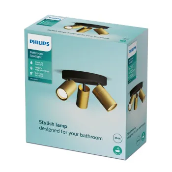 Philips Kosipo Spot fekete-sárgaréz fürdőszobai mennyezeti spotlámpa (PHI-8720169299252) GU10 3 izzós IP44