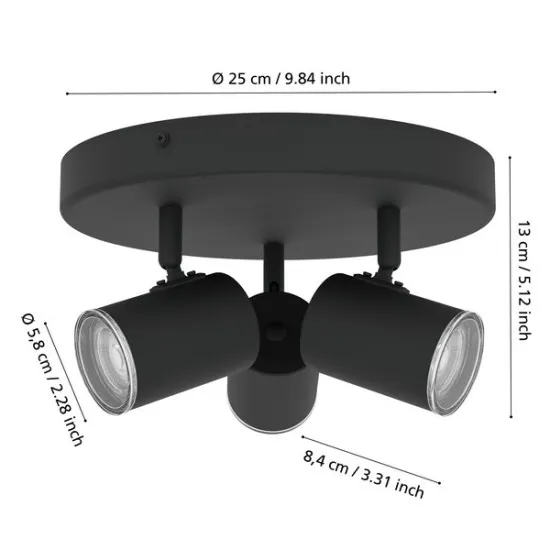 Eglo Consuma 1 fekete fürdőszobai mennyezeti spotlámpa (EG-901965) GU10 3 izzós IP44