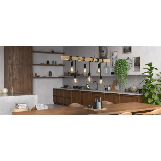 Eglo Townshend fekete-natúr függesztett lámpa (EG-43513) E27 6 izzós IP20