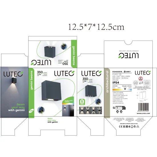 Lutec Gemini Beams sötétszürke LED kültéri fali lámpa (LUT-5104005118) LED 1 izzós IP54