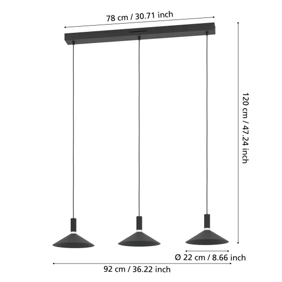 Eglo Conomavilla-Z fekete LED függesztett lámpa (EG-902184) LED 3 izzós IP20