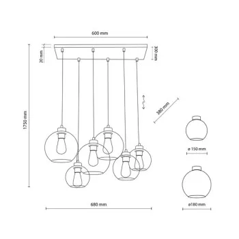TK Lighting Cubus átlátszó-borostyán-füstszínű függesztett lámpa (TK-2164) E27 6 izzós IP20